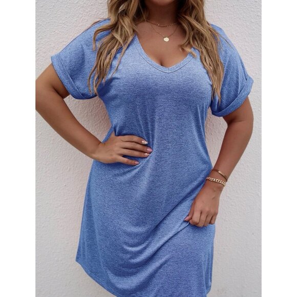 🌸3/$15🌸Blue Marbled T-Shirt Dress with V-Neck and Rolled Up Sleeve sz 14 - Picture 1 of 4